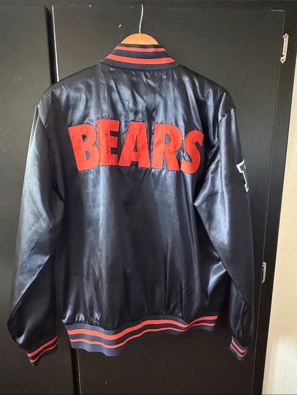 NFL Chicago Bears Black Satin Bomber Jacket with Orange and Navy Trim